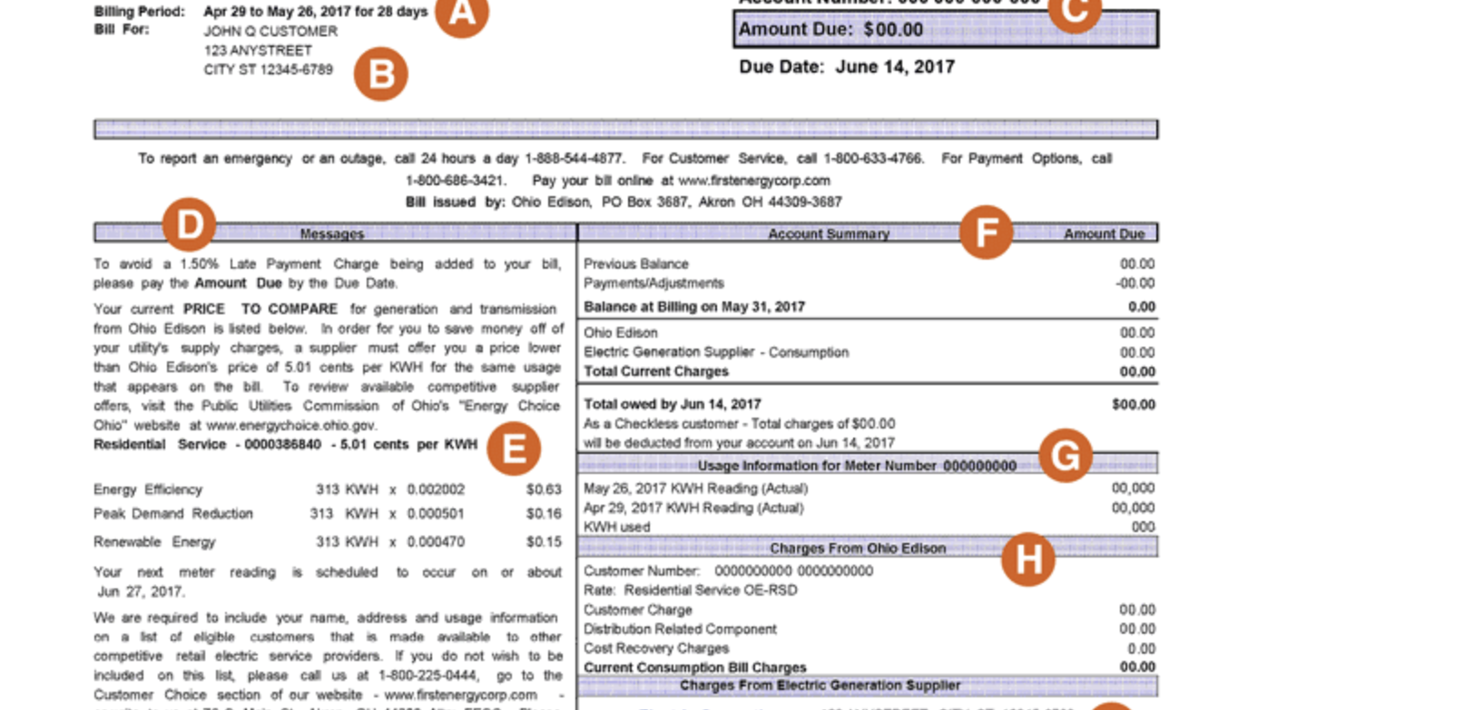 Reveals where a customer can find their customer number on the Ohio Edison electric bill